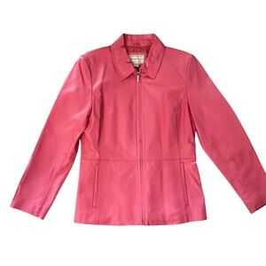 WORTHINGTON Women's Jacket Coat GENUINE LEATHER Satin Lined PINK Barbie Core M